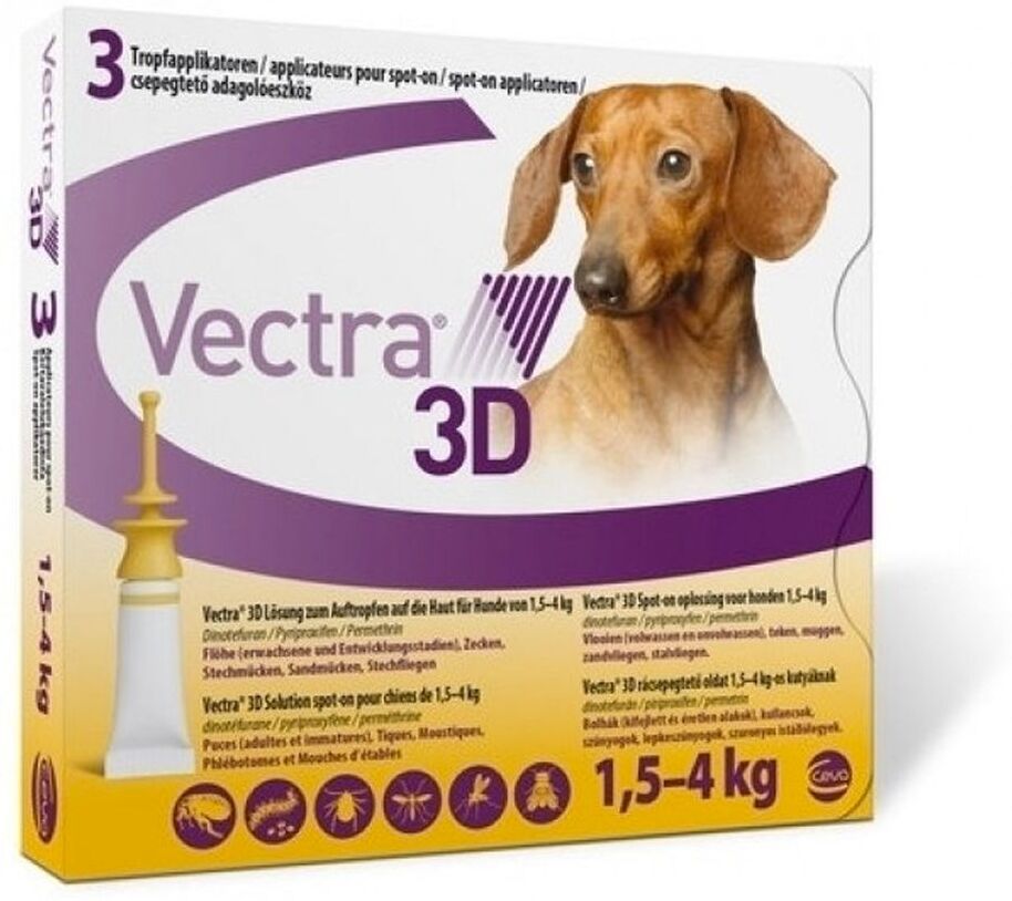 ceva salute animale spa vectra 3d spot-on soluzione 3 pipette 0,8ml 44mg + 3,9mg + 317mg cani da 1,5 a 4kg, tappo giallo