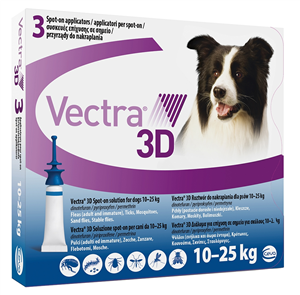 ceva salute animale spa vectra 3d spot-on soluzione 3 pipette 3,6ml 196mg + 17,4mg + 1429mg cani da 10 a 25 kg tappo blu