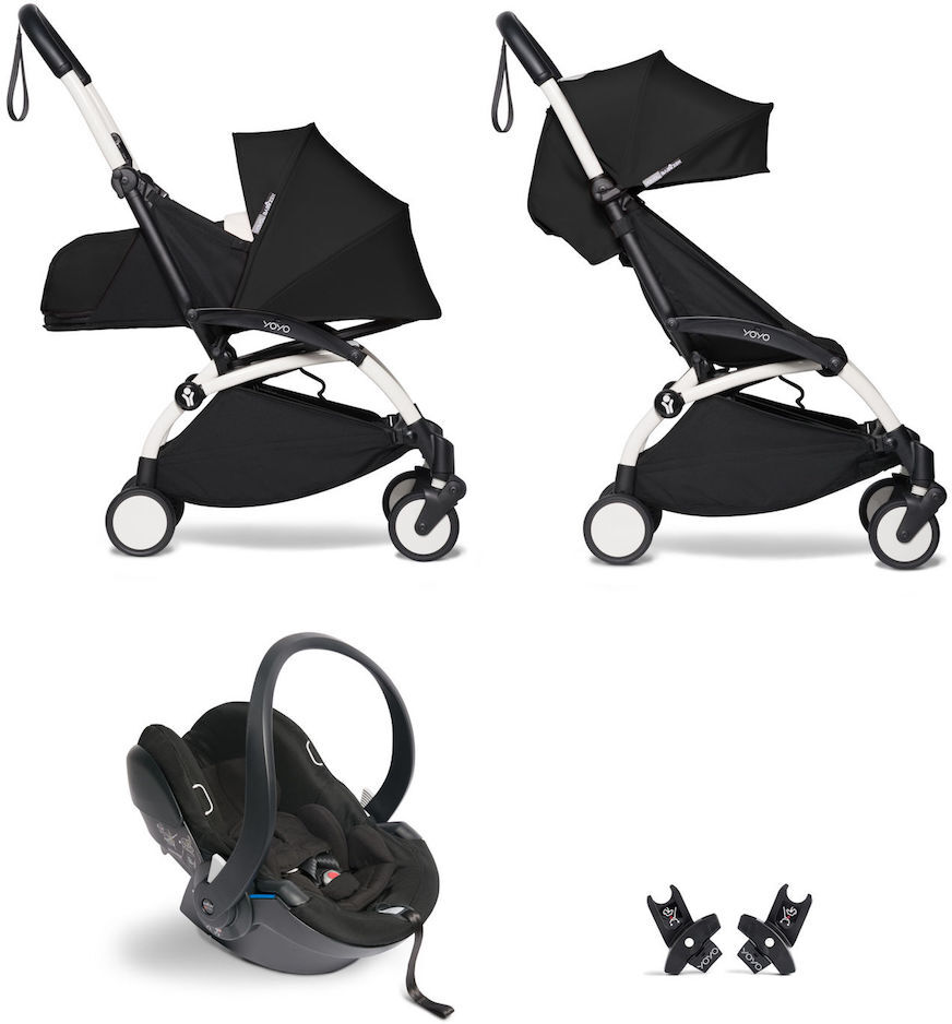 Babyzen Trio Passeggino Yoyo2 6+ con Kit 0+ Navicella e Seggiolino Auto Yoyo con Adattatori Bianco - Nero