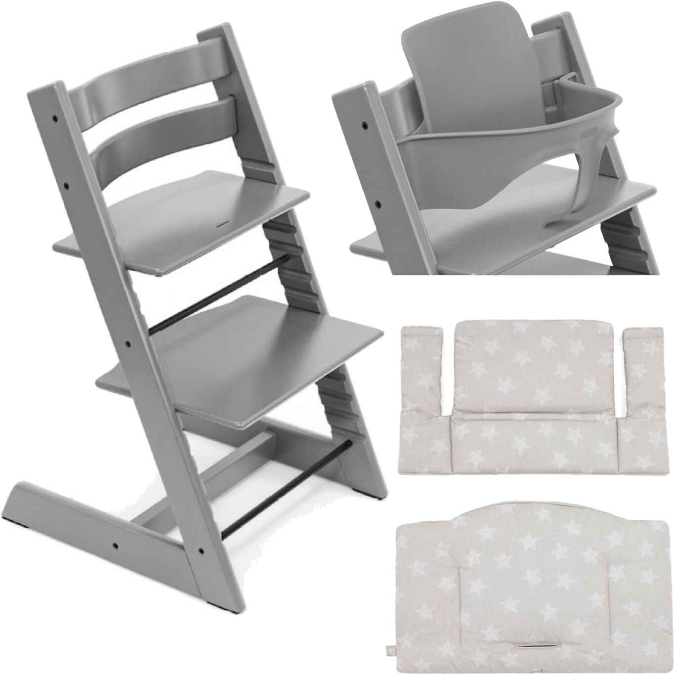 stokke promo tripp trapp con cuscino e baby set omaggio storm grey - star silver