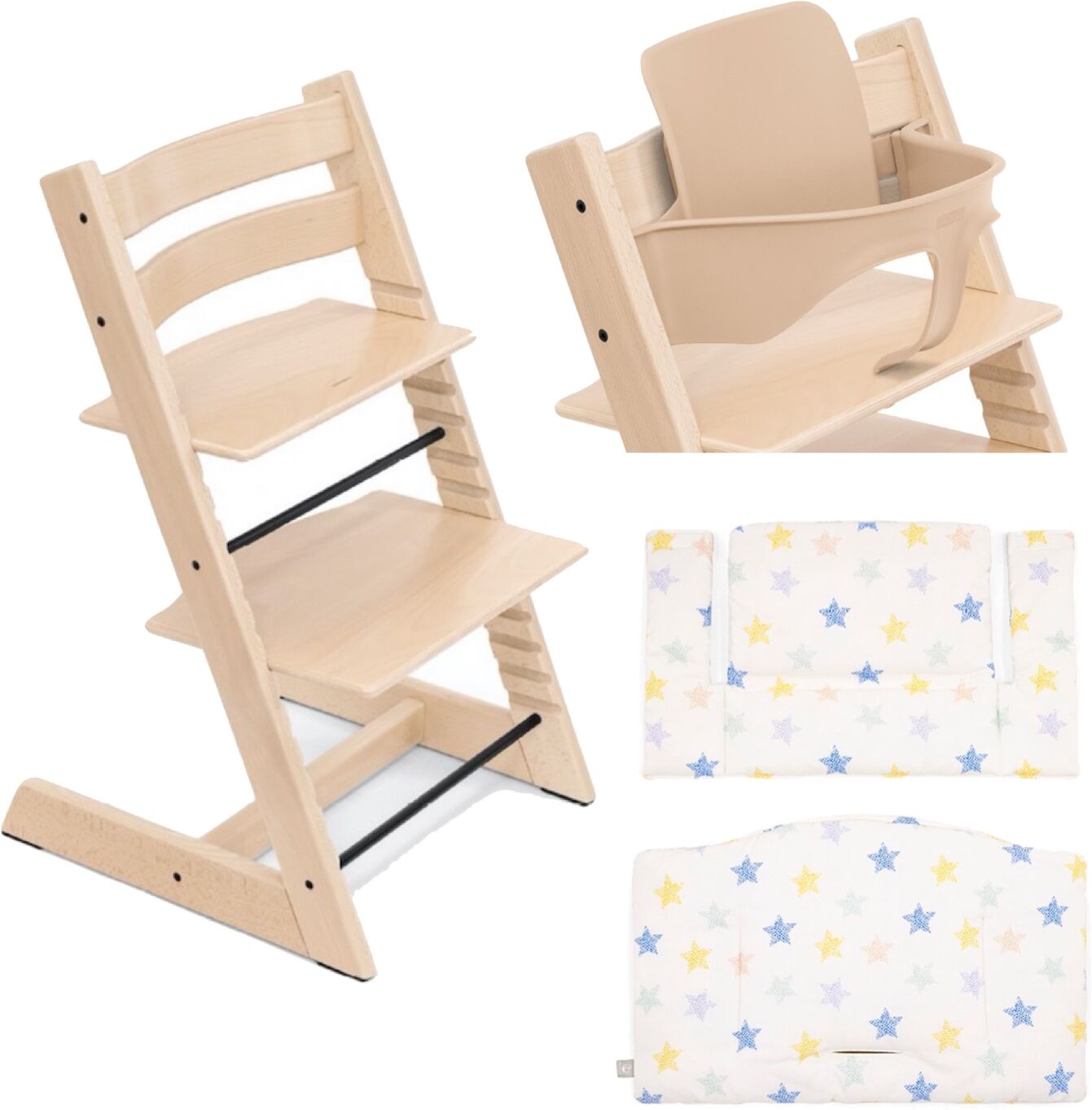 stokke promo tripp trapp con cuscino e baby set omaggio natural - stars multi