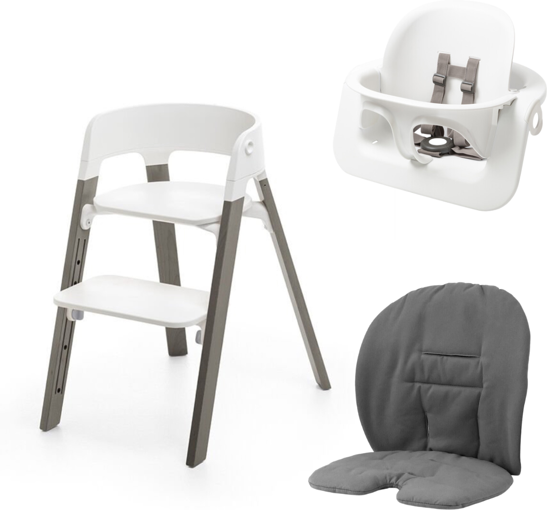 stokke promo steps sedia con babyset steps e cuscino hazy grey-herringbone grey