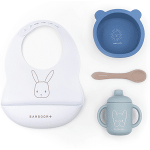 bamboom set baby in silicone bavaglino scodella cucchiaio bicchiere con beccuccio blu