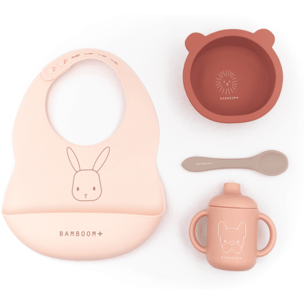 bamboom set baby in silicone bavaglino scodella cucchiaio bicchiere con beccuccio pink