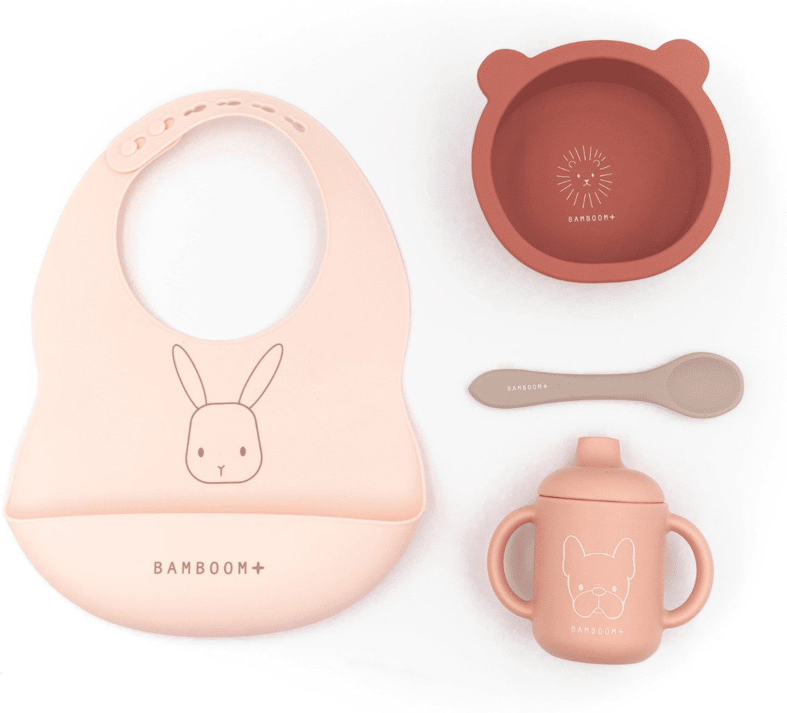 bamboom set baby in silicone bavaglino scodella cucchiaio bicchiere con beccuccio pink