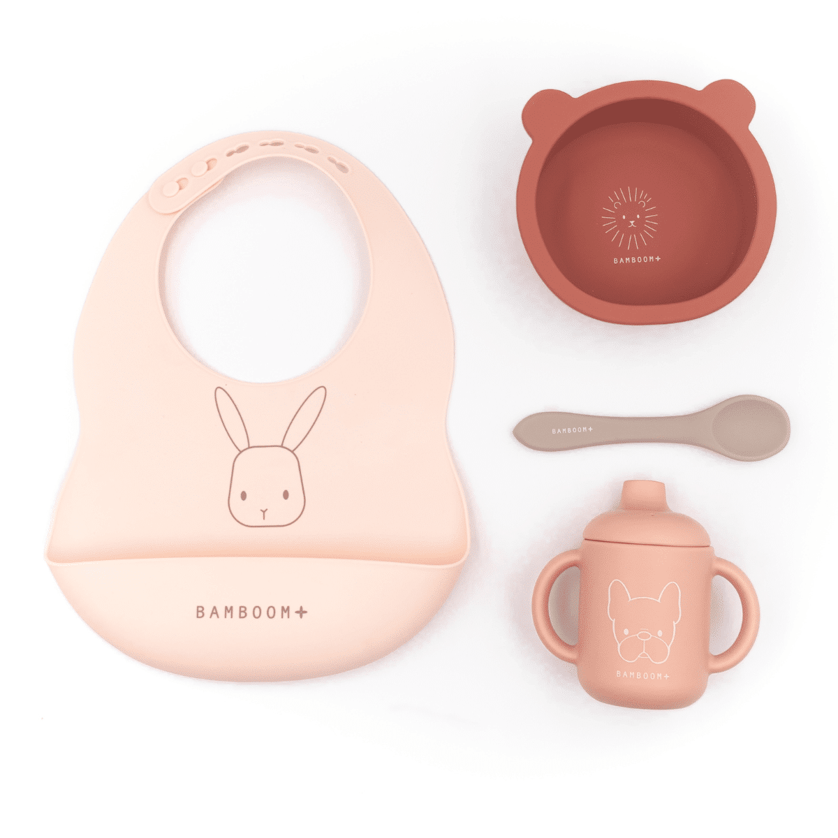 Bamboom Set Baby in Silicone bavaglino scodella cucchiaio bicchiere con beccuccio Pink