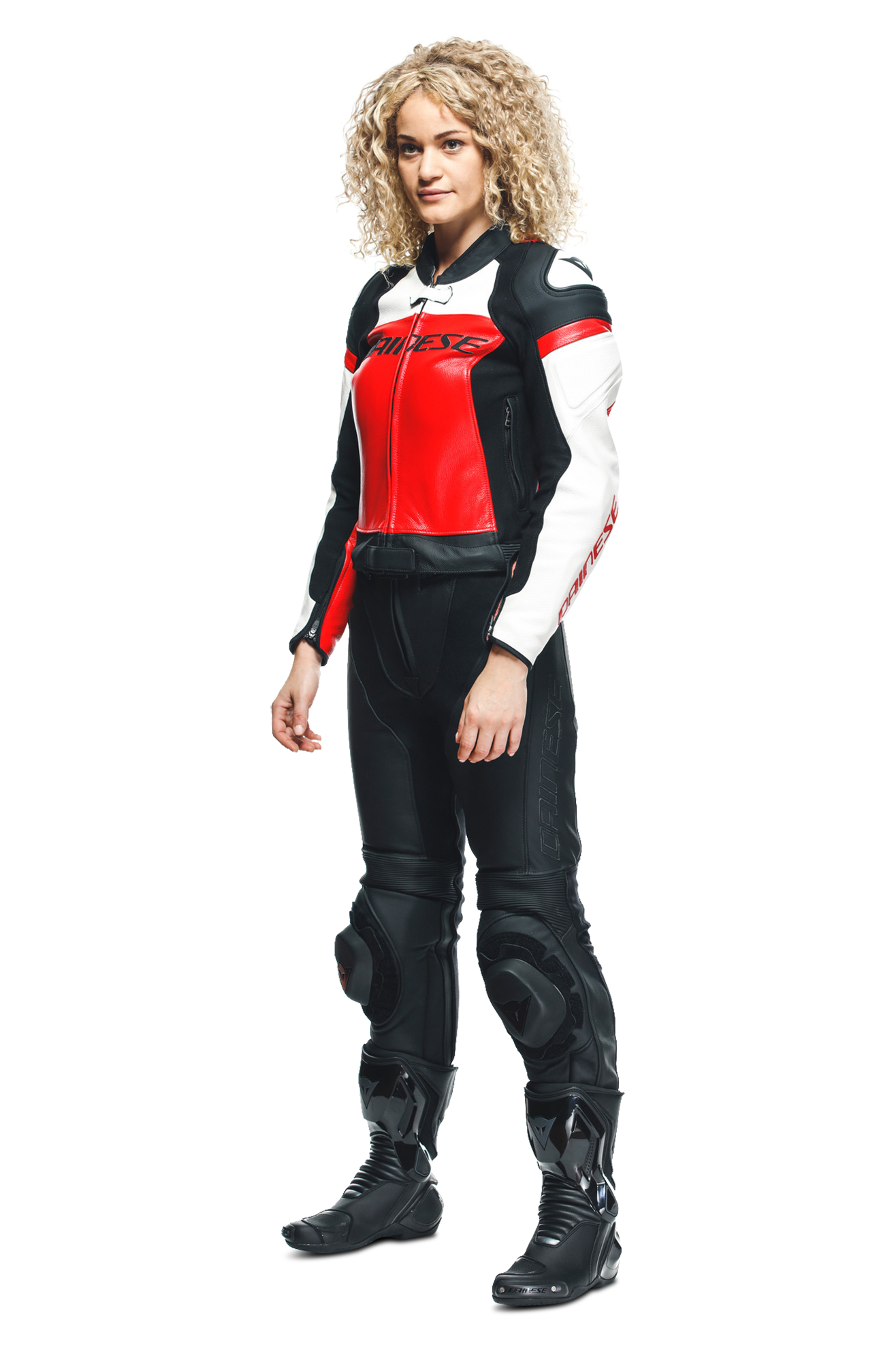 Dainese Tuta in Pelle 2 Pezzi Donna  Mirage Nero-Rosso Lava-Bianco