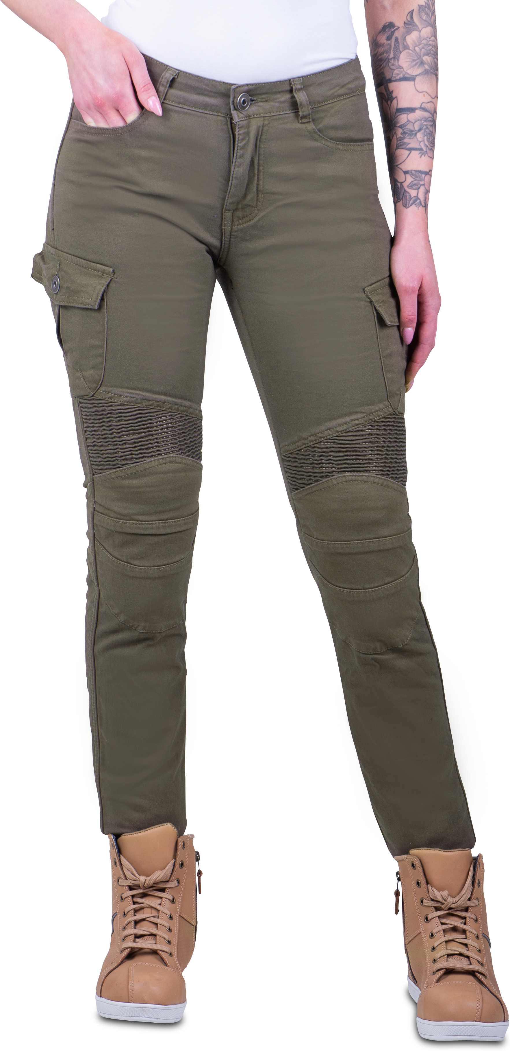 Course Pantaloni Moto Donna  Wasteland Rinforzati in Aramide Slim Fit Oliva