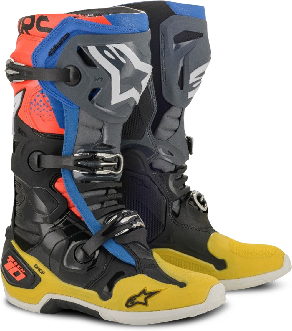 Alpinestars Stivali Cross  Tech 10 Giallo-Blu-Rosso Alpinestars Stivali Cross  Tech 10 Giallo-Blu-Rosso