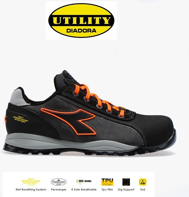 Scarpe Antinfortunistica Diadora Utility Glove Tech Low Pro S3 Sra Hro Esd - Colore Asfalto/arancione Fluo Cod. 701.173528