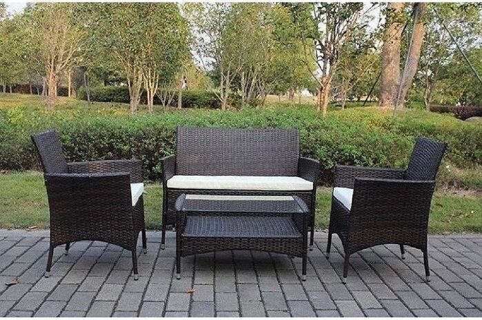 Salotto Da Esterno In Polirattan Modello Minorca Completo Di Cuscini In Poliestere Codice Jrs-376e Colore Brown