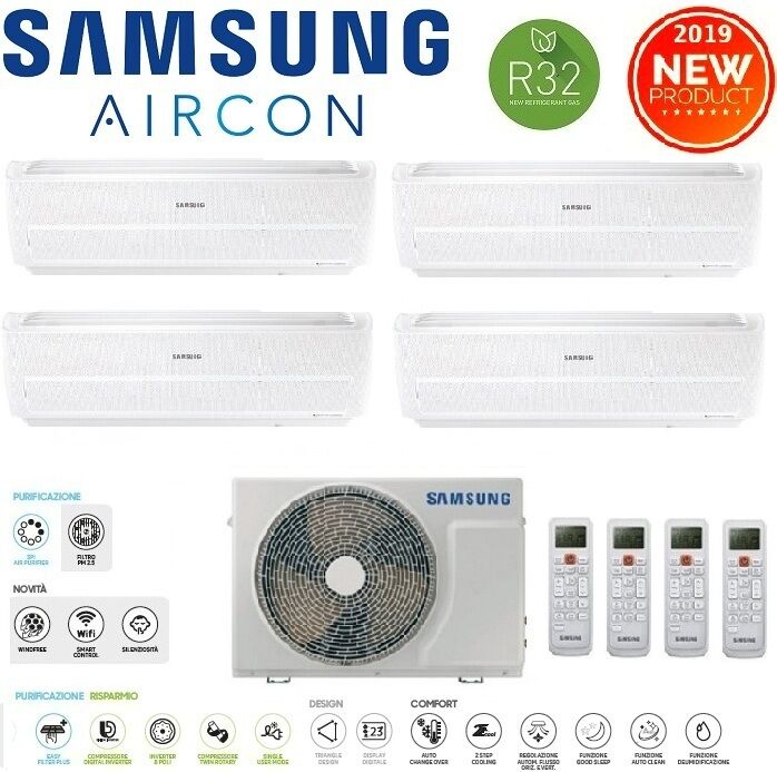 Climatizzatore Condizionatore Samsung Inverter Quadri Split Windfree Evo 7000+9000+9000+12000 Con Aj080rcj R-32 Smart Wifi - New 7+9+9+12