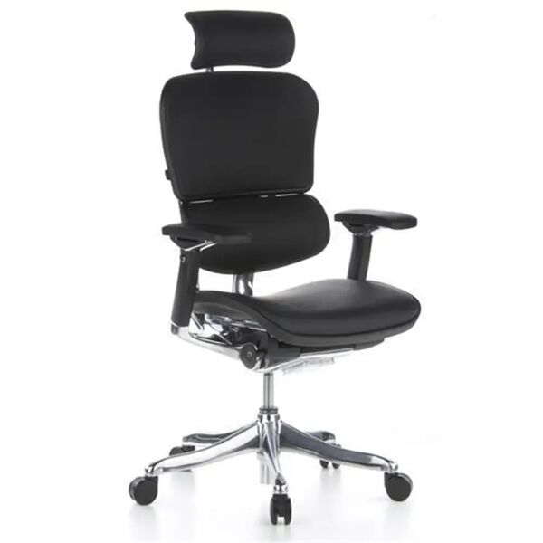 hjh sedia ergonomica ergoplus in vera pelle, 100% regolabile, grande qualità per il tuo benessere, con sostegno lombare, in color nero