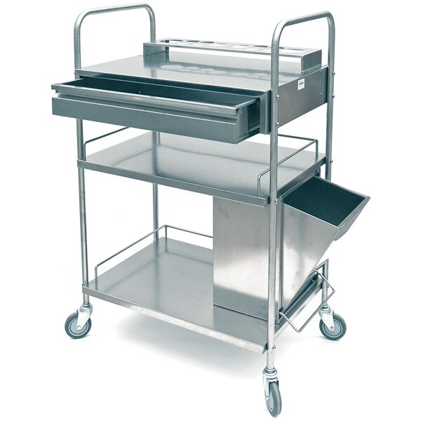 Gima carrello per medicazione in acciaio inox con tre ripiani, cestino, reggi bottiglie e ruote