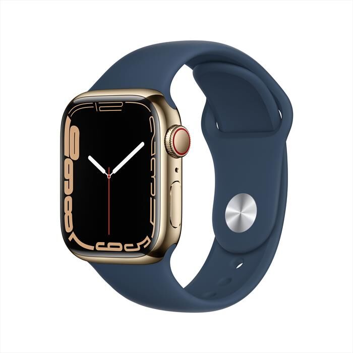 apple watch series 7 gps + cellular 41mm in acciaio inox-oro cinturino sport blu abisso