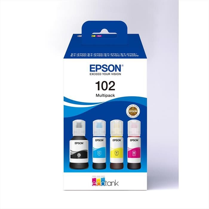 Epson Flacone Inchiostro Ecotank 102 Mpk 4 Col-nero, Ciano, Magenta, Giallo