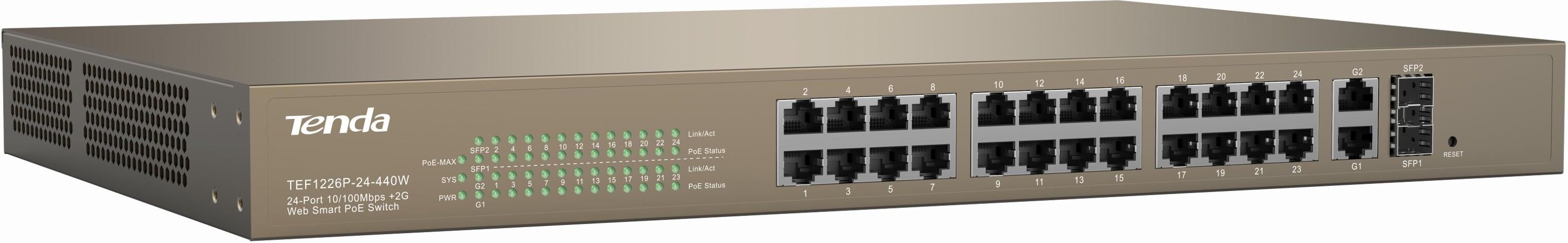 Tenda Switch PoE Rack Web Smart 24 10/100+2GE+2SFP Combo, TEF1226P-24 Tenda Switch PoE Rack Web Smart 24 10/100+2GE+2SFP Combo, TEF1226P-24