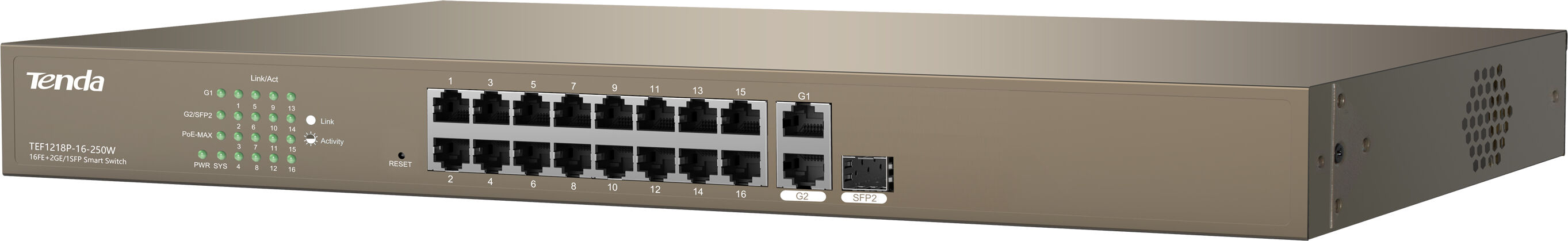 Tenda Smart Switch Desktop 16FE + 2GE / 1SFP con 16 porte PoE, TEF1218