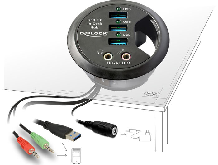 Delock Hub USB 3.0 3 porte + Audio HD In-Desk Diametro 6 cm