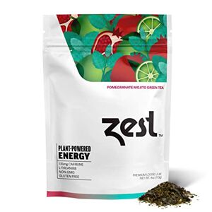 ZEST TEA Zest Mezcla de hojas sueltas con alto contenido de cafeína de 135 mg, té verde de granada y mojito, 4 onzas, alternativa al café saludable con sabor fuerte y natural, sustituto altamente cafeínado, perfecto para Keto