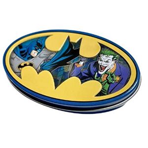 DC Comics Batman Nemesis Lata con logotipo de Batman para coleccionista de caramelos de frambuesa azul, una (1) lata, emblema de Batman Joker