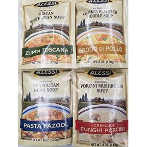 Alessi Athentic Italian Soup Mix 4 Sabor Variedad Bundle: (1) Toscan White Bean Sopa, (1) Sicilian Lentil Sopa, (1) Sicilian Split Pea Sopa, y (1) sopa de frijoles napolitanos, 4-6 oz Ea
