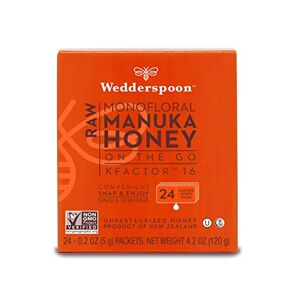 Wedderspoon On The Go Raw Premium Manuka Honey KFactor 16 Packets, 4.0 Oz (24 Count), Unpasteurized, Genuine New Zealand Honey, Multi-Functional, Non-GMO Superfood