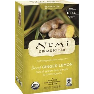 Numi Organic Tea Numi té orgánico descafeinado jengibre limón, 16 unidades caja de bolsas de té, té verde descafeinado (embalaje puede variar)
