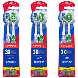 Colgate 360 Cepillos de dientes manuales con limpiador de lengua y mejillas, suave, 6 unidades