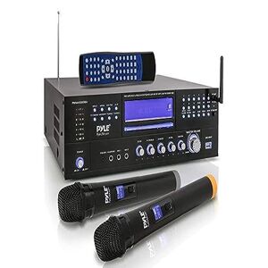 Pyle PWMA5000BA Amplificador de micrófono inalámbrico para karaoke de 4 canales, sistema receptor estéreo de audio, reproductor de CD y DVD integrado, micrófono inalámbrico dual UHF/lector MP3/USB, radio AM/FM