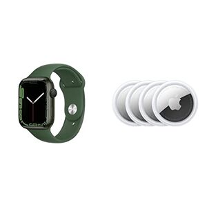 Apple Watch Series 7 (GPS) Smartwatch con Caja de Aluminio Verde de 45 mm y Correa Deportiva Verde Trébol. Apps ECG y Oxígeno en Sangre, Resistente al Agua + Nuevo AirTag (Paquete de 4)