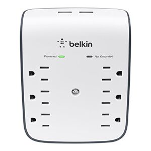 Belkin BSV602TT Supresor de Picos Plus para Pared (10W combinados), 6 Salidas, 900J, 2 puertos USB, Blanco