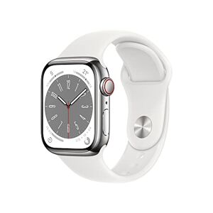Apple Watch Series 8 (GPS + Cellular) Smartwatch con Caja de Acero Inoxidable Color Plata de 41 mm y Correa Deportiva Blanca. Apps ECG y Oxígeno en Sangre, Resistente al Agua