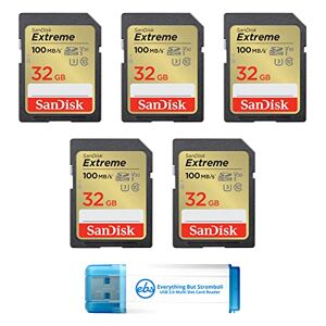 Everything But Stromboli SanDisk Tarjeta SD extrema de 32 GB (paquete de 5) tarjetas de memoria SDHC compatibles con cámaras de rastreo Browning Defender Pro Series (SDSDXVT-032G-GNCIN) paquete con (1) lector de tarjetas micro y SD  3.0
