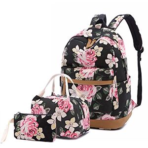backpack-floral Lmeison Mochila para adolescentes y niñas, con bolsa de almuerzo, Black Flower 3 en 1, Mochila, viaje
