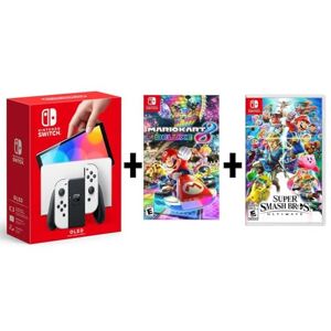 Nintendo Consola Nintendo Switch OLED w/White Joy-Con Standard Edition (Versión Internacional) + juegos fisicos de Mario Kart 8 Deluxe y Super Smash Bros Ultimate Standard edition