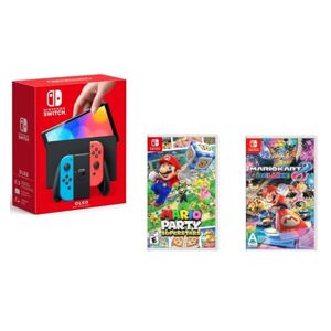 Nintendo Consola Nintendo Switch OLED Neon Standard Edition (Versión Internacional) + juegos fisicos de Mario Kart 8 Deluxe y Mario Party Superstars
