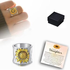 HAGUAN To My Daughter Golden Sunflower Wide Band Ring, Women Teens Girls S925 Sterling Silver Daisy Flower Wide Bands Ring Jewelry Gift (7)