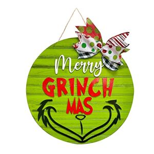 ZBLL Corona de Navidad de Grinc-h, letrero de bienvenida de madera de 11.8 pulgadas, letrero de bienvenida para puerta delantera, porche 3D, adornos para decoración de fiestas temáticas de Navidad (F)