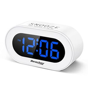 REACHER Pequeño reloj despertador digital LED con repetición, fácil de operar, regulador de brillo de rango completo, volumen de alarma ajustable, reloj compacto alimentado por salida para dormitorios, mesita de noche, escritorio, estante (azul)