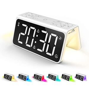 Suvisukua Reloj despertador digital con luz nocturna de color RGB, cargador USB, radio de recámara con visualización LED regulable, reloj de mesa para guardería, con sonido natural de sueño para niños, adolescentes, personas mayores