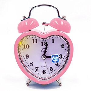 Monique Cute Desk & Shelf Alarm Clock Twin Bell Heart- Shaped Home Travel Table Alarm Clock with Nightlight Pink