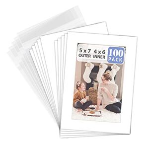 ART Pack of 100 5x7 White Picture Mats Mattes with White Core Bevel Cut for 4x6 Photo + Back + Bags