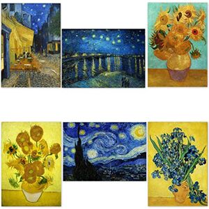 ART Póster de Vincent Van Gogh "Cafe Terrace at Night & Sunflowers & Starry Night Over The Rhone & 3 Otros" (16.53 x 11.75 cm) (A3) impreso en una gruesa hoja de papel pintura para pared