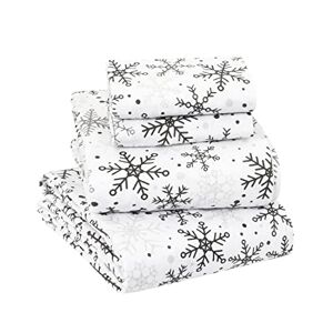 Sleepdown Juego de sábanas de franela de algodón duradero de 160 g/m², 4 piezas, tamaño completo, copos de nieve