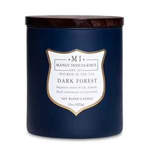Manly Indulgence Dark Forest Vela perfumada en frasco, colección distintiva, mecha de madera, azul marino, 15 onzas, hasta 60 horas de combustión