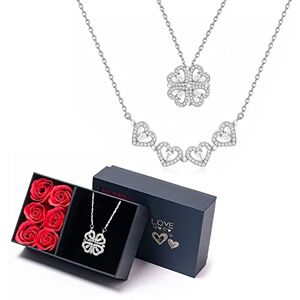 MUUNY Lucky Heart Sterling Silver Necklace with Six Roses, Multi-Wear Four-Leaf Clover Necklace Heart-Shaped Clavicle Chain Openable Choker Jewellery with Rose Gift Box (Silver)