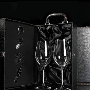 JHU -Dos Copas de Vino de Cristal (470 Ml) Maleta de Cuero Negro con Chispa de Diamantes de Vino Tinto Copas de Regalo Único para Hombres O Mujeres