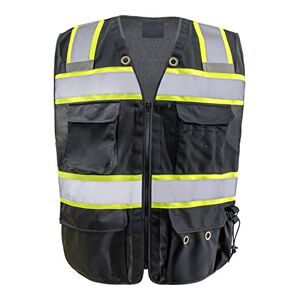 ZUJA Chaleco de seguridad con rayas reflectantes, chaleco de punto negro, construcción brillante, ropa de trabajo con 5 bolsillos, Negro -, XX-Large