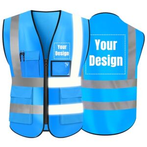 YOWESHOP Chaleco de seguridad reflectante de alta visibilidad con logotipo personalizado con 5 bolsillos de protección para el trabajo al aire última intervensión (L, azul)